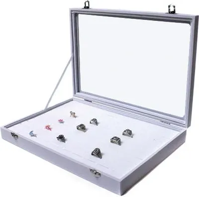 Produktbild von Schmuckkasten Schmucklade Schaukasten Schmuckdisplay mit Glasdeckel mit 100 Schlitze für breite Ringe weiss