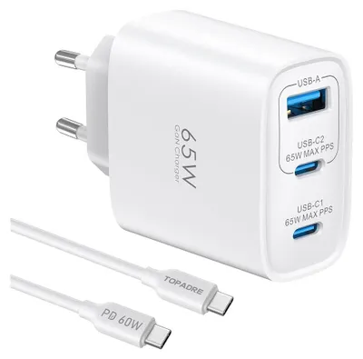 Immagine prodotto di SGS Caricatore USB-C GaN 65W STCPD-GAN65W 2 Porte USB-C PD 3.0 e USB-A QC 3.0 Bianco
