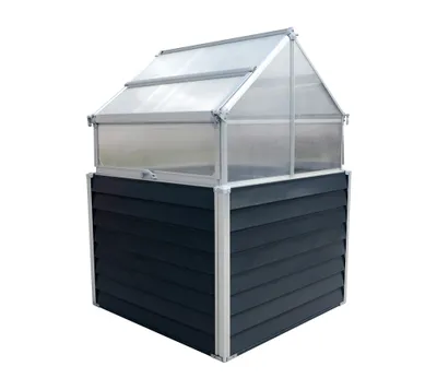 A product shot of a raised garden bed with a greenhouse top.