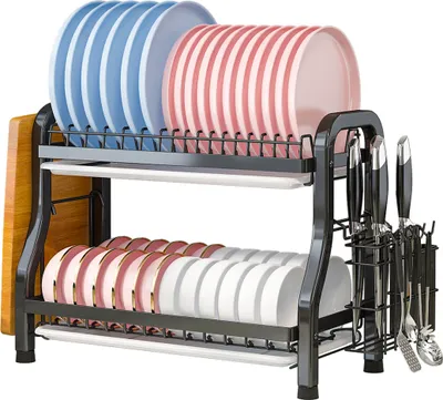 Produktbild von Heikoeco® Abtropfgestell Geschirr mit 2 Ebenen, Geschirrabtropfgestell, Edelstahl, rostfrei, großes Abtropfgestell, 56*23.5*39, schwarz