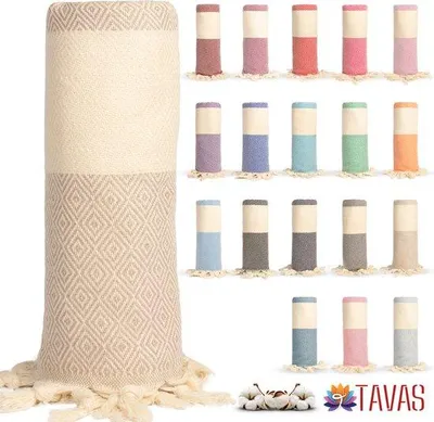 Produktbild von Unyqoos® Hamamtuch (Peshtemal) 100 x 180 cm – XL, 100% Baumwolle, Beige | Leichtes Strand-, Sauna- & Badetuch, Pareo & Yogadecke