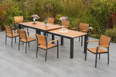 Produktbild von Merxx Gartenmöbel Set Santorin 9tlg., 8 Klappsessel, Flex Ausziehtisch 180 (180) x 100 (83) x 80 (74) cm- Aluminium/Akazie