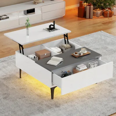 Image de Table basse réglable en hauteur - 70 x 70 x 35 cm - Finition laquée brillante - Espace de rangement dissimulé - Étagères - Tiroirs - MDF blanc