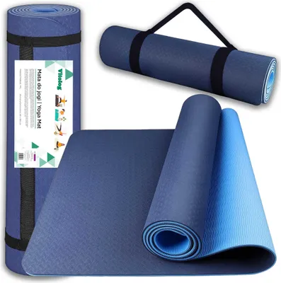Zdjęcie produktu dla Vitolog Mata do Ćwiczeń Jogi Antypoślizgowa Karimata Treningowa na Siłownie TPE Gruba 180 x 60 cm Niebieska  Pilatesu Fitness Podróżna