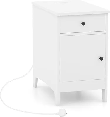 Produktbild von Beistelltisch mit Schublade und Tür, 60 x 35 x 60 cm, Nachttisch mit Stauraum, Beistelltisch mit Steckdosen und Anschlüssen, Nachttisch (weiß)