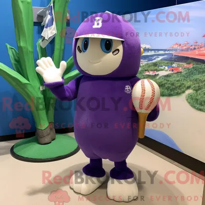 Obrázok produktu pre Maskot spoločnosti REDBROKOLY: fialové baseballové rukavice, oblečené do plaviek a čiapky