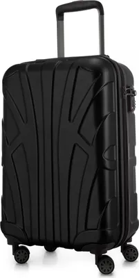 A black suitcase with a textured surface and four wheels is shown against a white background.