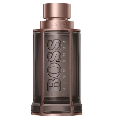 A studio shot of a Hugo Boss The Scent Le Parfum bottle.
