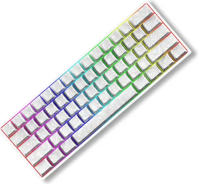 A white mechanical keyboard with a topographic map pattern on the keycaps and RGB lighting along the edges.
