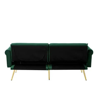 Produktbild von Merax 2-Sitzer Schlafsofa mit Schlaffunktion und Verstellbare Rückenlehne, Samtbezug & goldene Metallfüße – Inkl. Kissen & Stauraum, Grün