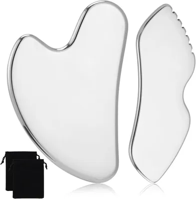 Produktbild von Gua Sha-Set, 2 Stück Gua Sha-Steine aus Edelstahl, in zwei verschiedenen Größen, mit Tasche. Geeignet für Gesicht, Augen, Nacken und Körper (Silber)