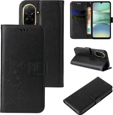 Produktbild von Handyhülle für Xiaomi Redmi A5 Floral Blumen Schmetterling Flip Cover Hülle Case Klapphülle Handytasche Farbe: Schwarz