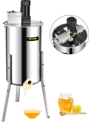 A stainless steel electric honey extractor with a small jar of honey and a honeycomb in the foreground, and a close-up inset of the extractor's motor.