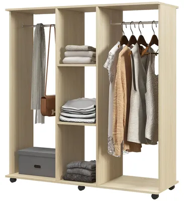 Produktbild von Rollkleiderschrank mit 2 Kleiderstangen und 3 offenen Regalb?den, aus Holz und Aluminium, 120 x 40 x 128 cm, Holzfarbe