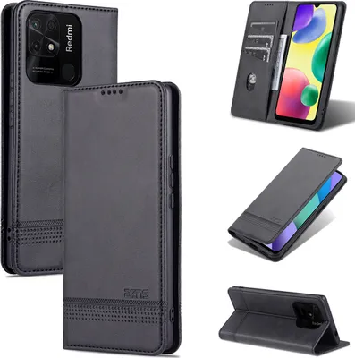 Produktbild von Xiaomi Redmi 10C Leder Hülle, Klapphüllen Brieftasche Magnetverschluss Ständer Schutzhülle für Xiaomi Redmi 10C Schwarz