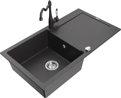 Produktbild von Mexen Leo 1 Becken-Granitspüle mit Abtropffläche und Mischbatterie Carla, Schwarz gesprenkelt - 6501-76-670700-76