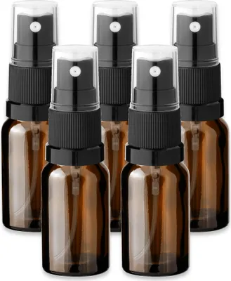 Produktbild von 5x Glasflasche braun 10 ml mit schwarzem Zerstäuber Sprükopf leer Set