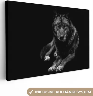 Produktbild von MuchoWow® - Leinwandbilder - Tiere - Wolf - Schwarz - Weiß - Porträt, Wandbild, Wanddeko Bilder Wohnzimmer, 90x60 cm