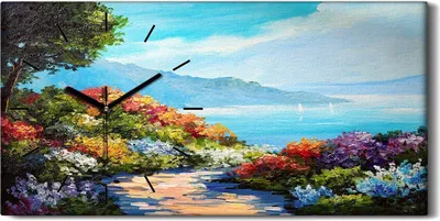 Produktbild von Dekor Leinwand Uhr Wandbilder Quarz 60x30 Blume Baum Wasser Berg Landschafts - schwarze Hände