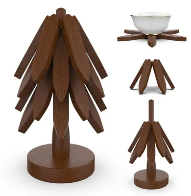 Immagine prodotto di Set di sottopiatti in legno a forma di albero, composto da 4 pezzi con supporto, realizzati in legno di noce, ideali per servire piatti caldi