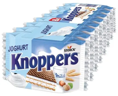 Produktbild von STORCK Knoppers Joghurt, 200 g, Joghurt, Zucker, pflanzliche Fette (Palm, Shea), Weizenmehl (11,8%), Magermilchpulver (8,1%),..., 2336 kJ, 560 kcal, 35,1 g
