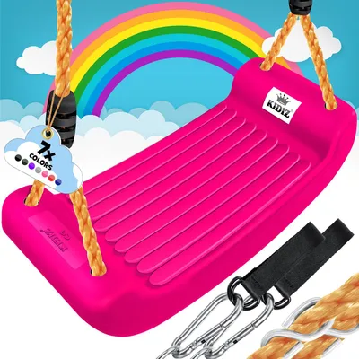 A pink swing seat with ropes and carabiners, set against a backdrop of a rainbow and clouds.