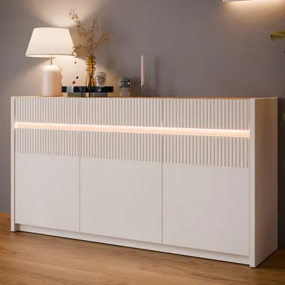 Produktbild von Forte OAK SQUERE Sideboard 160, elegantes Sideboard mit 3 Türen, Beleuchtung und Lamellendesign, Holzwerkstoff, Mauvella Eiche Nachbildung /Sand, 160 cm breit x 85,9 cm hoch x 41,5 cm tief