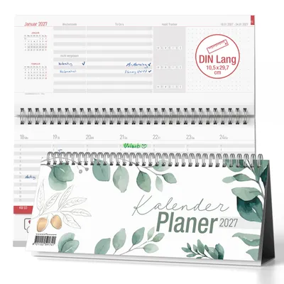 Produktbild von Tischkalender 2027 Quer Eukalyptus Botanical - Aufstellkalender Wochenplaner mit Habit Tracker,