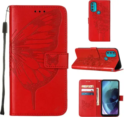 Produktbild von Moto G71 5G Hülle, Schmetterling Prägung Flip Leder Kartenfächer Schutzhülle Ledertasche mit Ständer für Motorola Moto G71 5G Rot