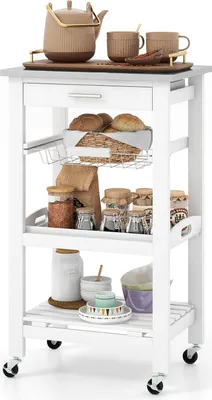 Immagine prodotto di Carrello da servizio KOMFOTTEU con piano di lavoro in acciaio inossidabile, carrello da cucina piccolo, carrello con cassetto e ripiani, scaffale da cucina, carrello per cucina e sala da pranzo, 47x39x85 cm, bianco