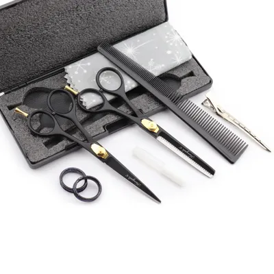 Produktbild von Friseurscheren-Set, 15 cm lange Schere mit Schneide- und Effilierschere in Schwarz und Gold Bestens geeignet für professionelle Friseur- und Kosmetiks