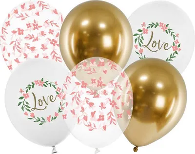 Produktbild von Luftballons Love 30cm Weiß / Klar Transparent / Gold 6er Set