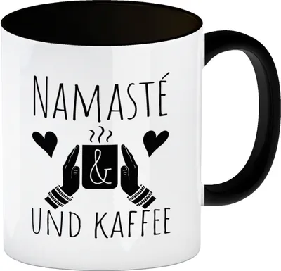 Produktbild von Namasté und Kaffee Kaffeebecher Schwarz mit entspannendem Motiv