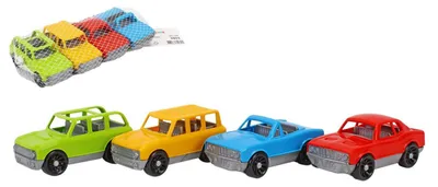Image de 4 jouets pour bébé, type "sada", en plastique, avec roulettes, présentés dans un filet de 20x4x10 cm, adaptés aux enfants de 18 mois et plus