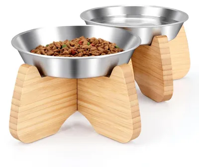 Image de Ensemble de 2 gamelles pour chats surélevées, en acier inoxydable, avec support en bambou