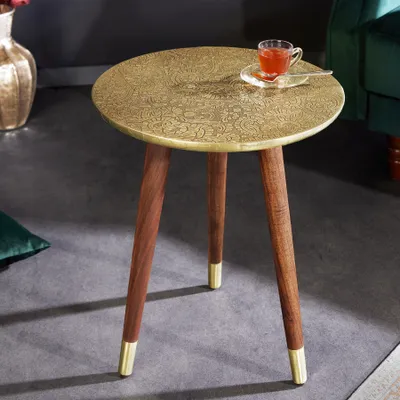 Produktbild von riess-ambiente Design Beistelltisch ALCAZAR 50cm antik gold Metall Mango Massivholz rund Couchtisch Tisch