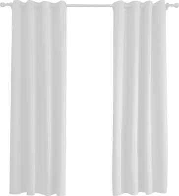 Two white curtains hanging from a curtain rod against a white background.