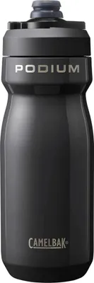 A black Camelbak water bottle with the "PODIUM" and "CAMELBAK" logos visible.