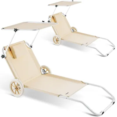 Produktbild von CASARIA 2x Sonnenliege klappbar mit Sonnendach und Rädern Beige