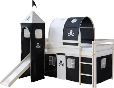 Produktbild von Homestyle4u 522, Kinder Hochbett Mit Rutsche Leiter Turm Tunnel Vorhang Pirat 90x200 cm, Schwarz Massivholz Weiß