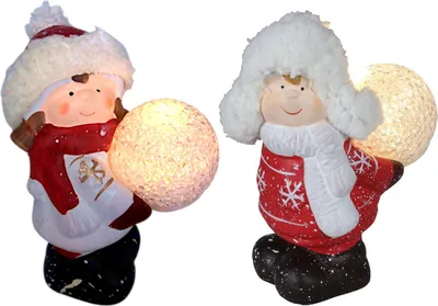 Produktbild von Keramik-Kinderfigur stehend mit LED-Schneeball Dekofigur Weihnachtsdeko warmweiß
