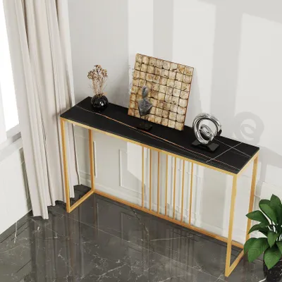 Image de Console FATIVO en marbre noir 120×30×79 cm, table d'entrée étroite dorée, table d'entrée moderne de style scandinave pour le couloir, le salon et la chambre à coucher