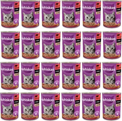 Produktbild von Whiskas Katzenfutter Nassfutter Adult 1+ mit Rindfleisch in Soße, 24 Dosen (24 x 400g)