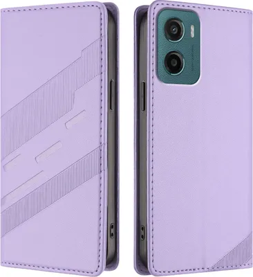 A purple flip case for a smartphone is shown from two angles, open and closed.