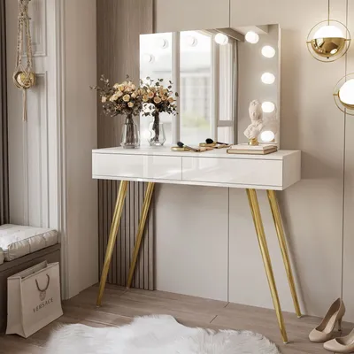 Obrázek produktu pro Toaletní stolek SIENNA GOLD ELITE se zrcadlem, bílý vysoký lesk, systém push-to-open