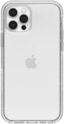 The back of a clear phone case with glitter, showing the Apple logo.