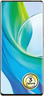 A smartphone with a colorful abstract wallpaper and a warranty badge.