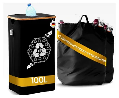 Produktbild von 100L Pfandflaschen Sammelbehälter (Schwarz) mit Einwurf und 2 Tragetaschen für Haushalt und Küche