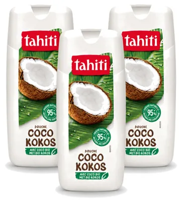 Immagine prodotto di 3 flaconi di bagnoschiuma Tahiti con cocco biologico - Vegano - 300 ml - Confezione - 3 pezzi