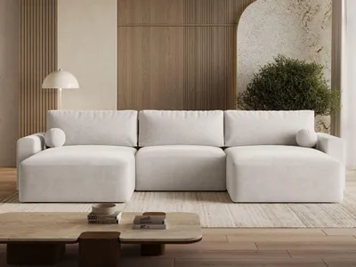 Produktbild von GrainGold Ecksofa U-Form Aurora - Ecksofa mit Schlaffunktion, Bettkasten - Moderne Ecksofa, Wohnzimmer Sofa - Eckcouch mit Velvet-Stoff - Creme (Castel 03)